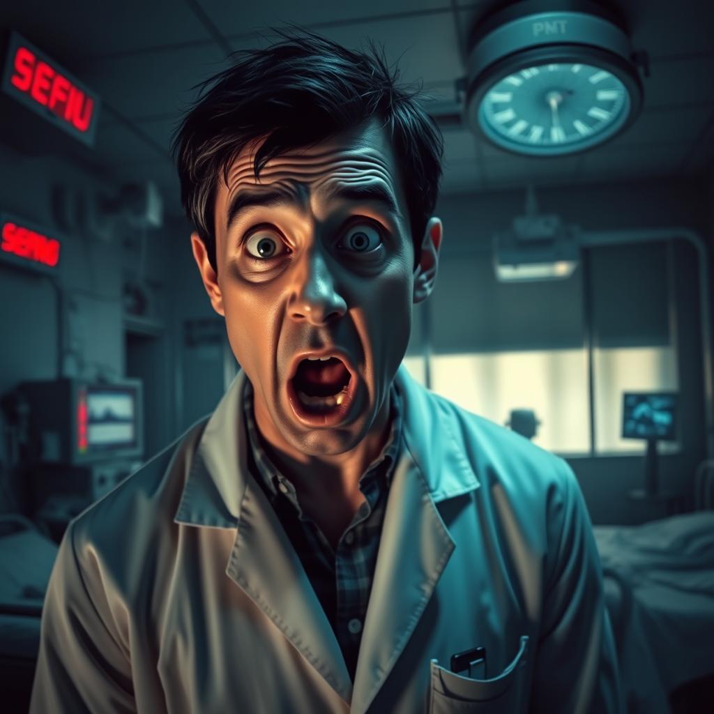 A scene depicting a doctor with a shocked and scared expression, standing in a dimly lit hospital room filled with medical equipment