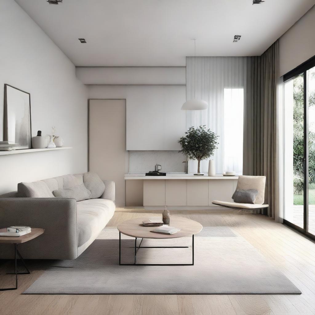 A small, minimalist house featuring a compact yet stylish living room and dining room with minimalistic furniture, neutral color palette, and elegant simplicity.