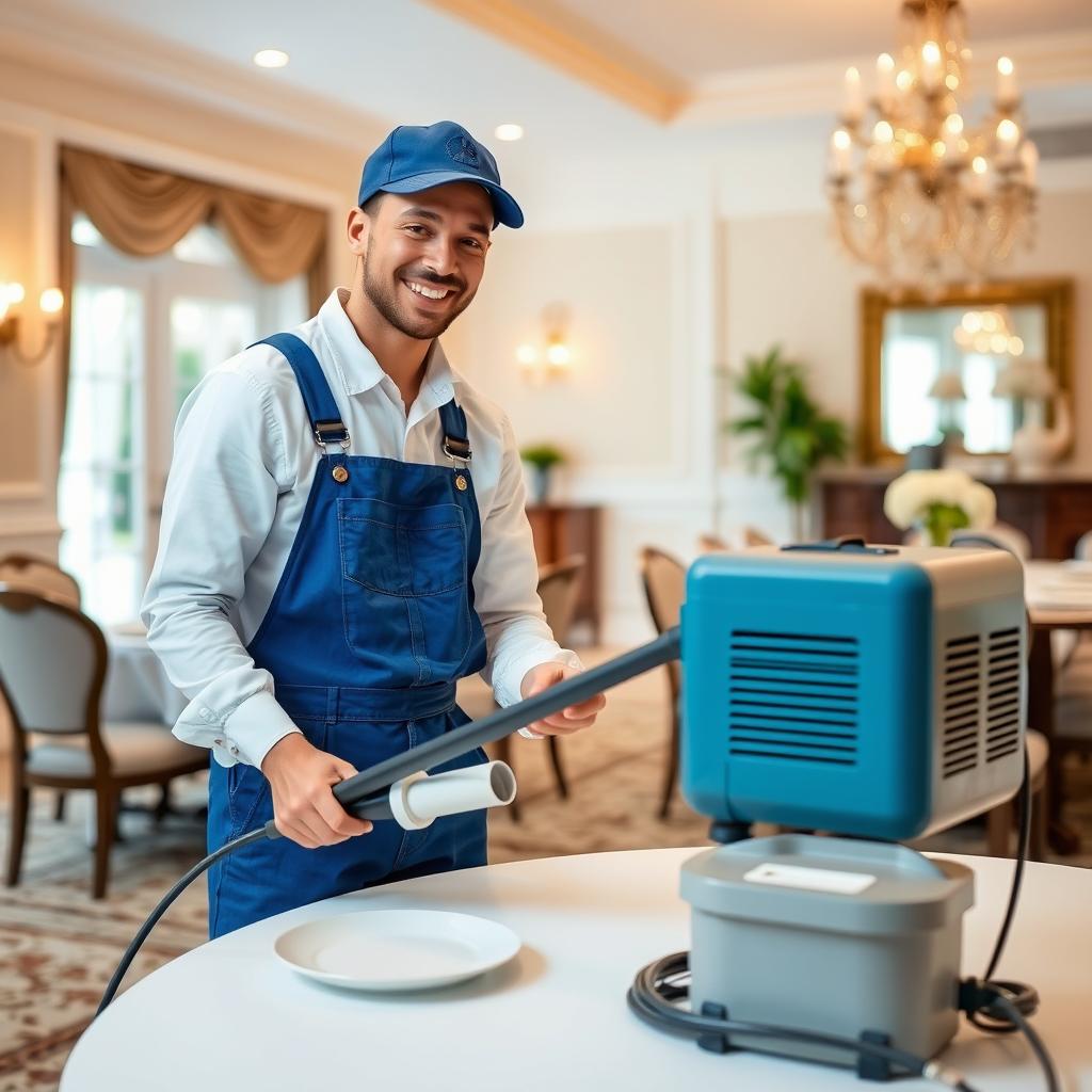 A person wearing a blue overall and a white shirt, topped with a cap, smiling cheerfully while operating professional pest control equipment in a dining room