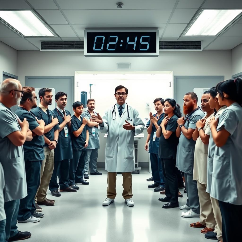 A dramatic scene in a hospital emergency room, depicting a doctor urgently addressing a group of surprised doctors and nurses