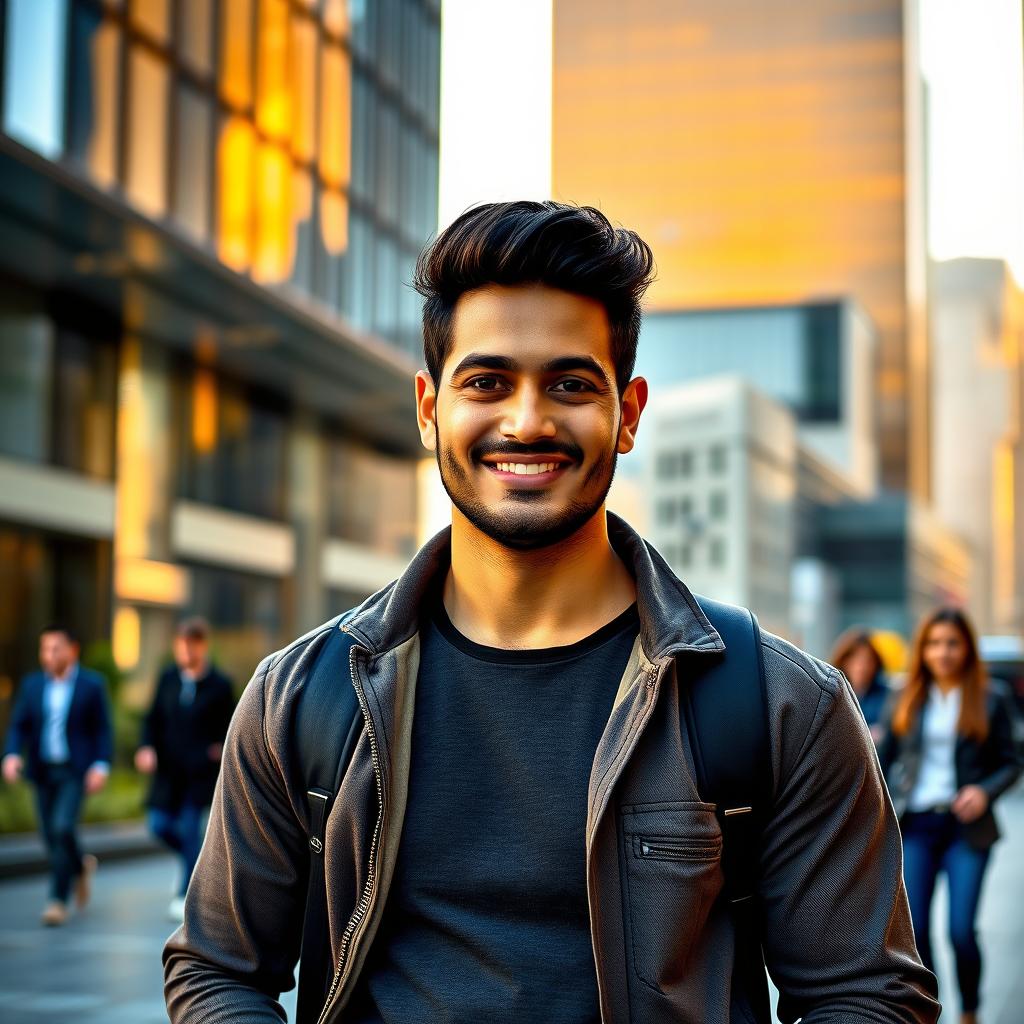 A dynamic portrait of Roshan, a 30-year-old man with striking features, wearing a casual outfit that mixes modern and traditional styles