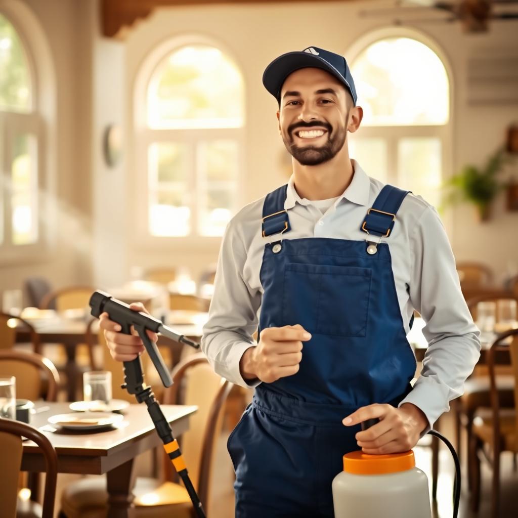 A cheerful person wearing a blue overall and a white shirt, along with a cap, joyfully spraying for pests in a dining area