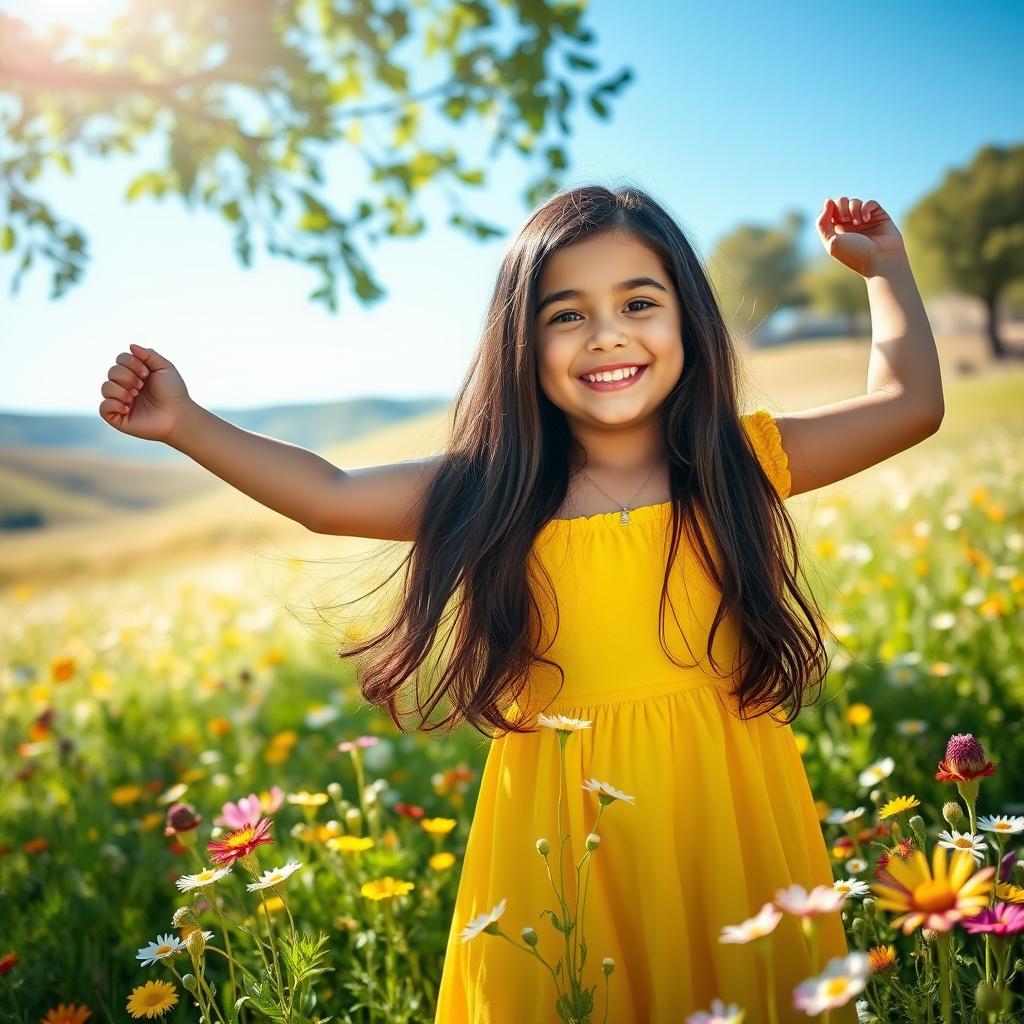 A girl with long, flowing dark hair, wearing a bright yellow summer dress, standing in a vibrant, sunlit meadow filled with wildflowers