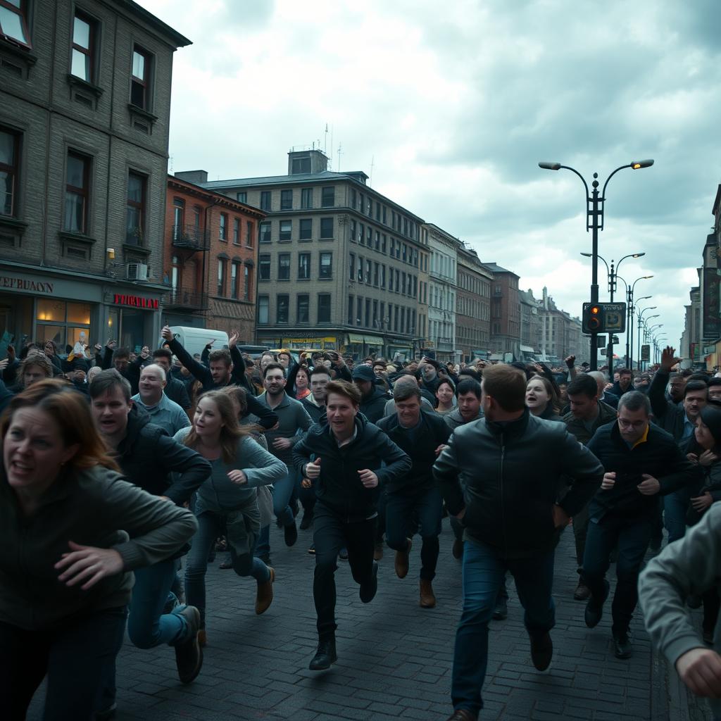 A chaotic scene depicting a crowded urban street filled with people in a state of panic and fear