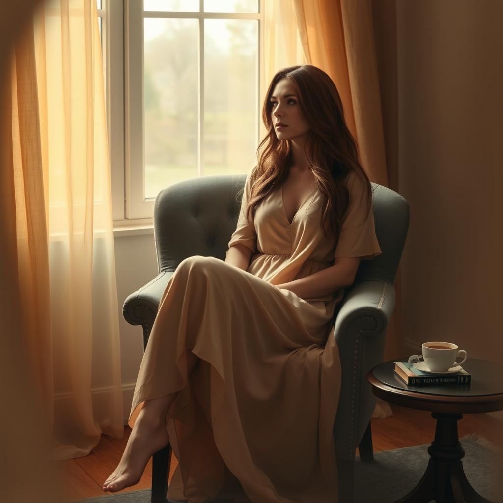 A woman sitting in a chair with a melancholic expression, gazing out of a window