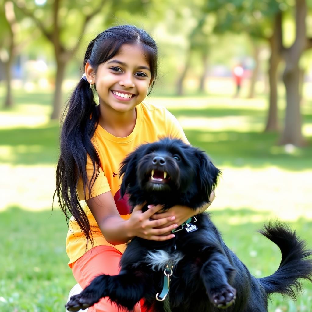 A portrait of a girl named Varshi joyfully playing with her black dog