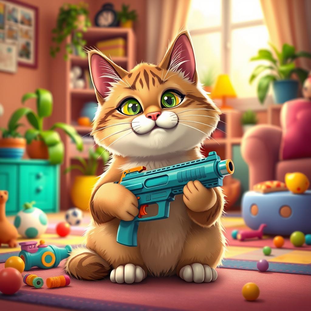 A whimsical scene depicting a mischievous cat playfully holding a cartoonish toy gun in its paws