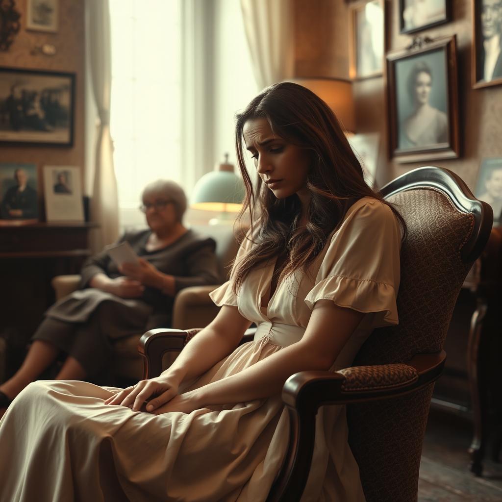 A woman sitting in a chair with a sad expression, her body language reflecting deep emotion