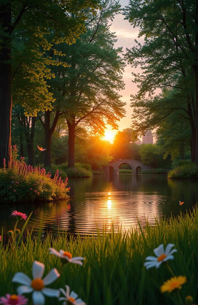 A serene summer scene filled with vibrant colors and lush greenery