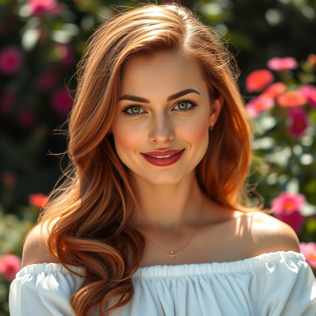 A stunning portrait of a confident woman with long, flowing auburn hair styled in loose waves