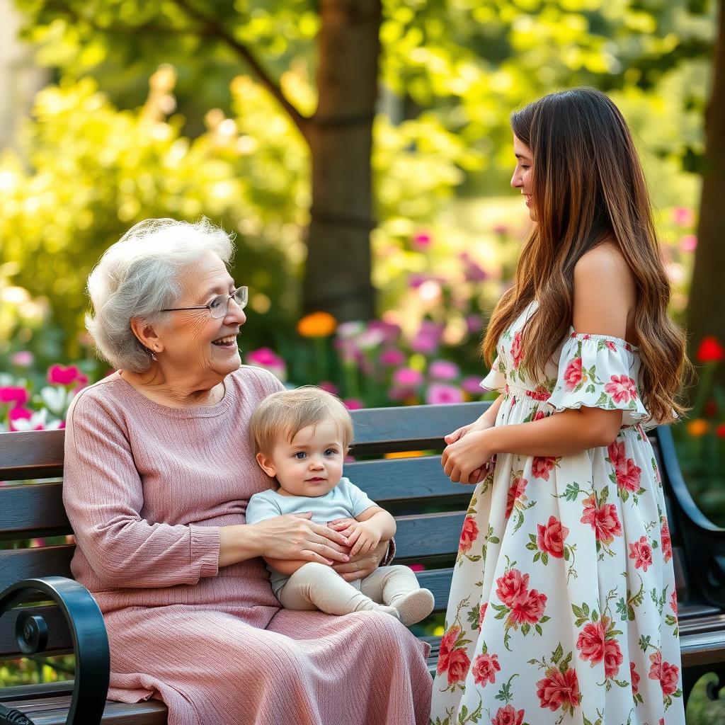 An old woman with silver hair and gentle features is sitting on a park bench, engaged in a warm conversation with her young son, who has bright, curious eyes and tousled hair