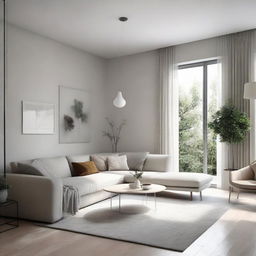 A small, minimalist house featuring a compact yet stylish living room and dining room with minimalistic furniture, neutral color palette, and elegant simplicity.