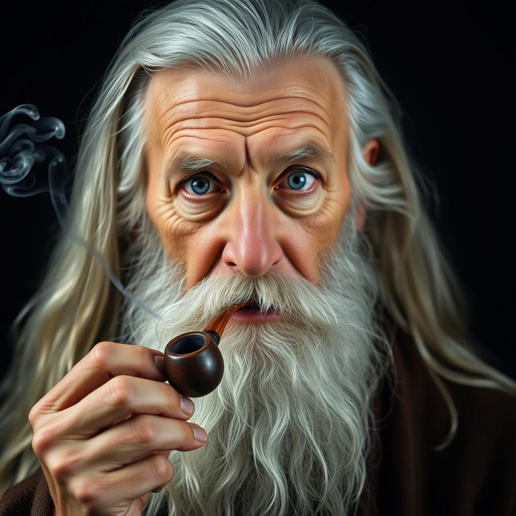 A portrait of an old wise man with long, bright gray hair and a matching bright gray beard
