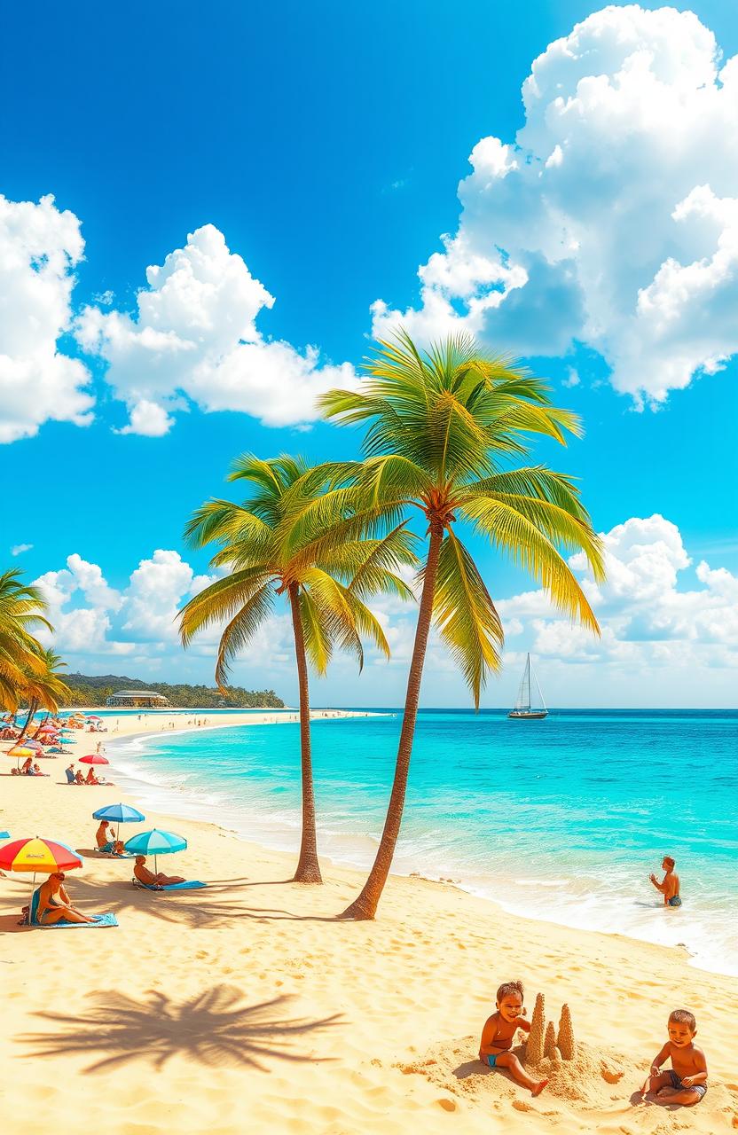 A vibrant summer scene depicting a sun-drenched beach with golden sands and crystal-clear turquoise waters