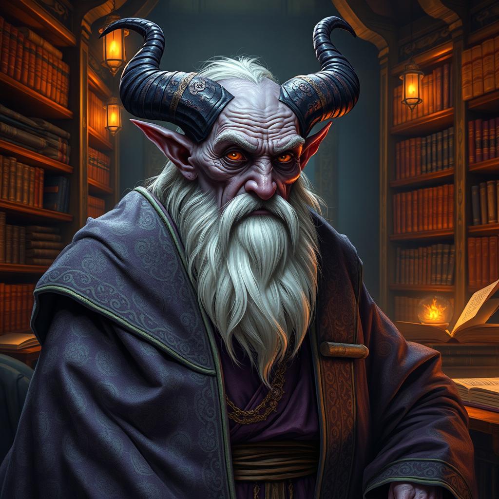 An elderly tiefling wearing elaborate, flowing robes that showcase intricate patterns and designs