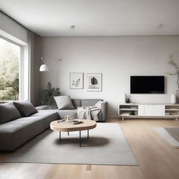 A small, minimalist house featuring a compact yet stylish living room and dining room with minimalistic furniture, neutral color palette, and elegant simplicity.