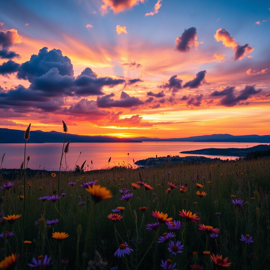 A stunning landscape showcasing a vibrant sunset over a tranquil lake, with colorful reflections shimmering on the water's surface