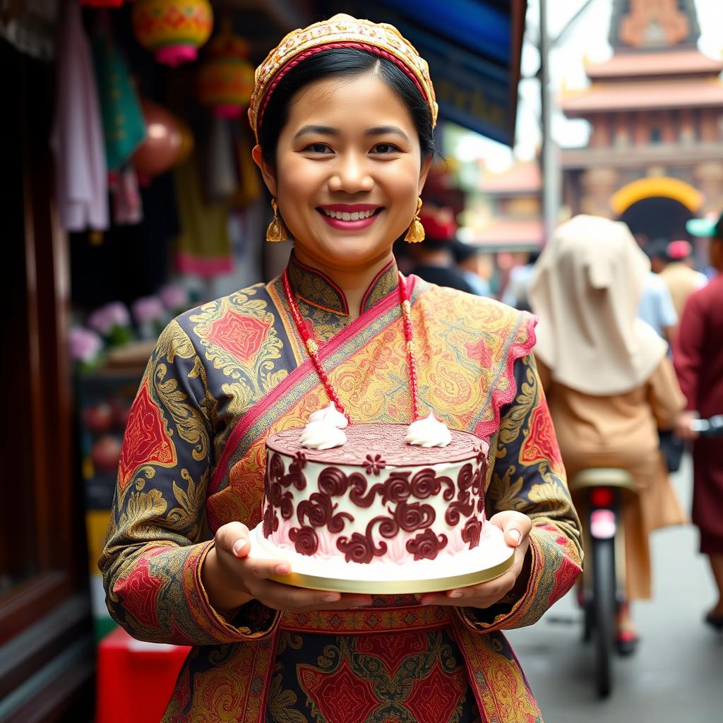 A person wearing traditional Jogjakarta attire, holding a beautifully crafted cake, surrounded by a vibrant local environment that reflects the rich culture of Yogyakarta