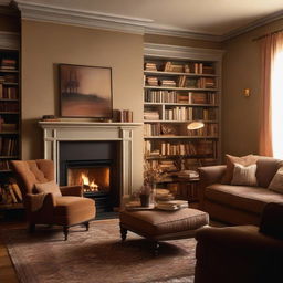 A cozy, warm, and inviting room with plush cushions, soft lighting, bookshelves filled with books, a comfortable armchair by a fireplace, and warm-toned, earthy colors.