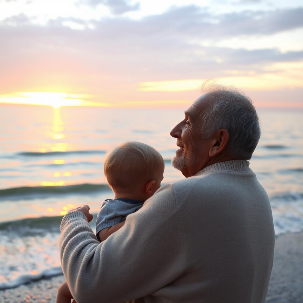 An elderly man with a kind smile, holding his young son close while gazing out at an endless, tranquil sea