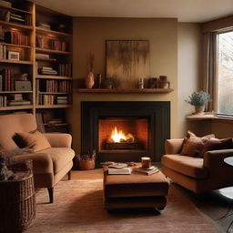 A cozy, warm, and inviting room with plush cushions, soft lighting, bookshelves filled with books, a comfortable armchair by a fireplace, and warm-toned, earthy colors.