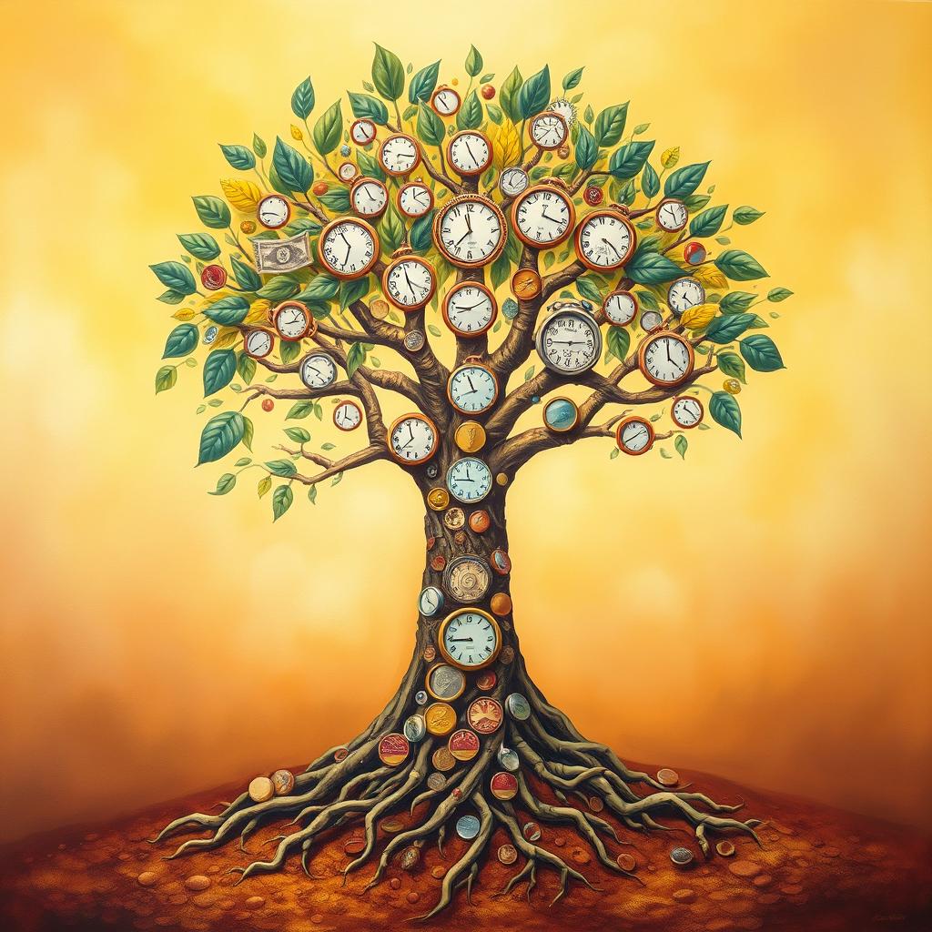 A vibrant tree of life at the center of the painting, showcasing roots intricately crafted from coins and bills, symbolizing smart saving habits as the foundation