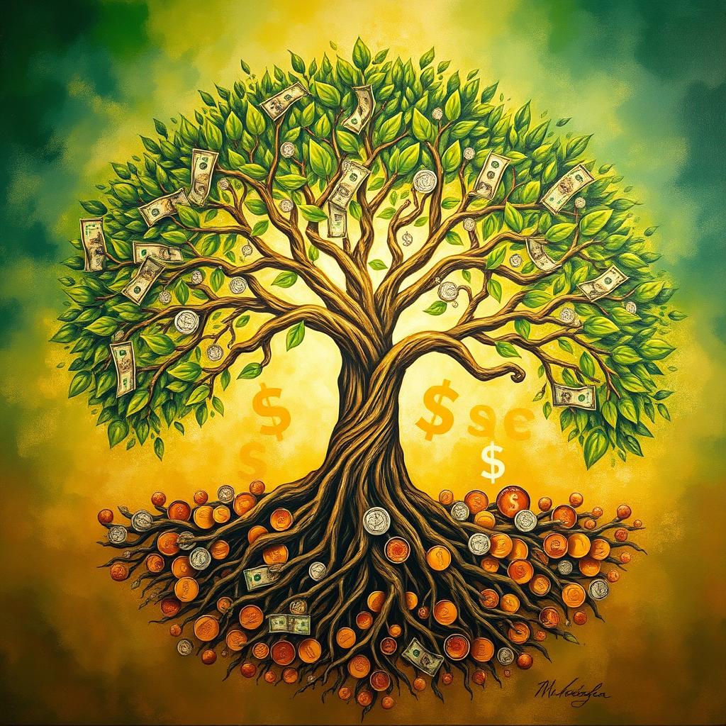 A visually stunning tree of life in the center of the painting, with intricate branches reaching towards the sky