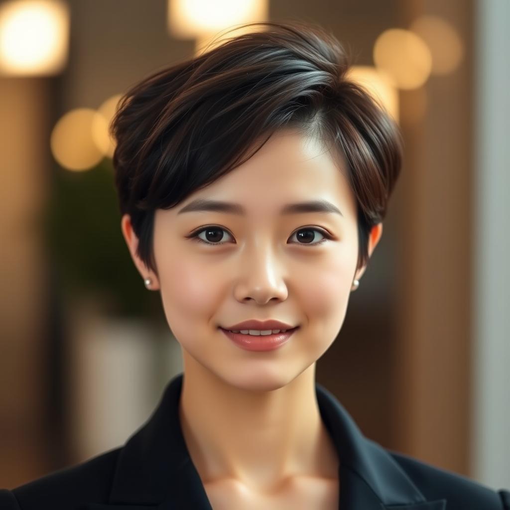 A striking 18-year-old beautiful Japanese woman with stylish Quiff Pixie hair, radiating youth and confidence