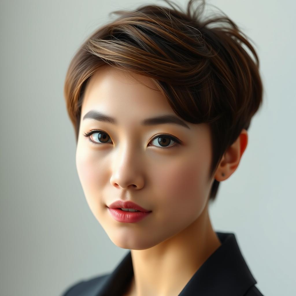 A striking 18-year-old beautiful Japanese woman with chic Quiff Pixie hair, exuding confidence and charm
