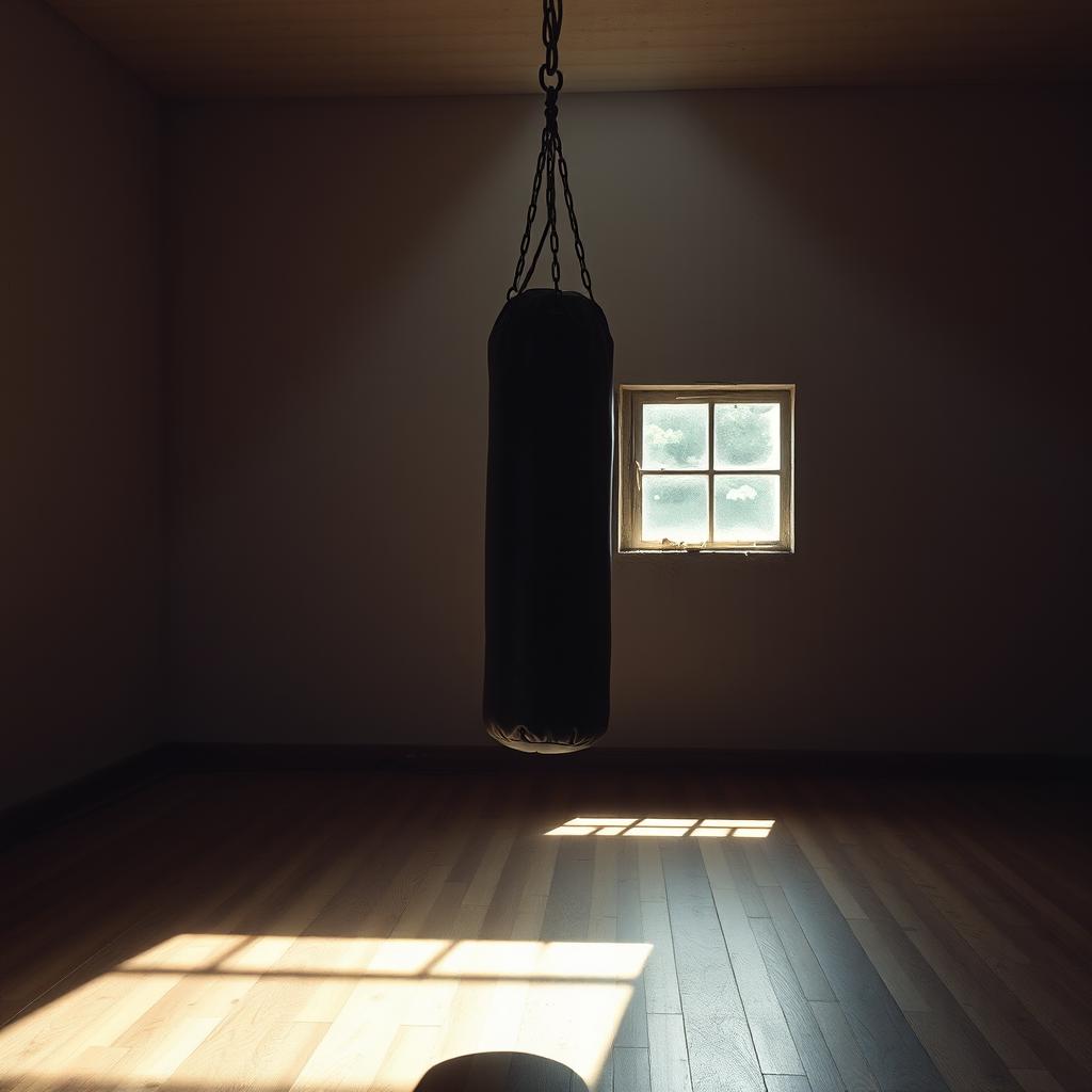 A solitary boxing bag hanging in an empty, dimly lit gym