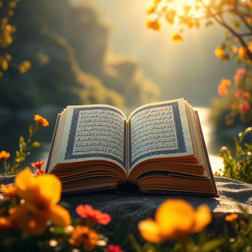 A serene landscape featuring an elegant depiction of the Quran, opened up as if being read