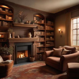 A cozy, warm, and inviting room with plush cushions, soft lighting, bookshelves filled with books, a comfortable armchair by a fireplace, and warm-toned, earthy colors.