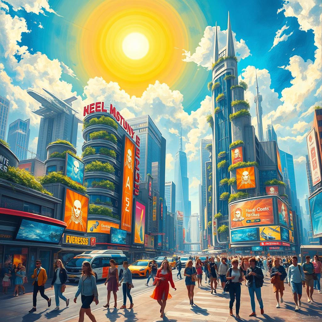A captivating painting depicting a futuristic cityscape, filled with vibrant colors and imaginative architecture