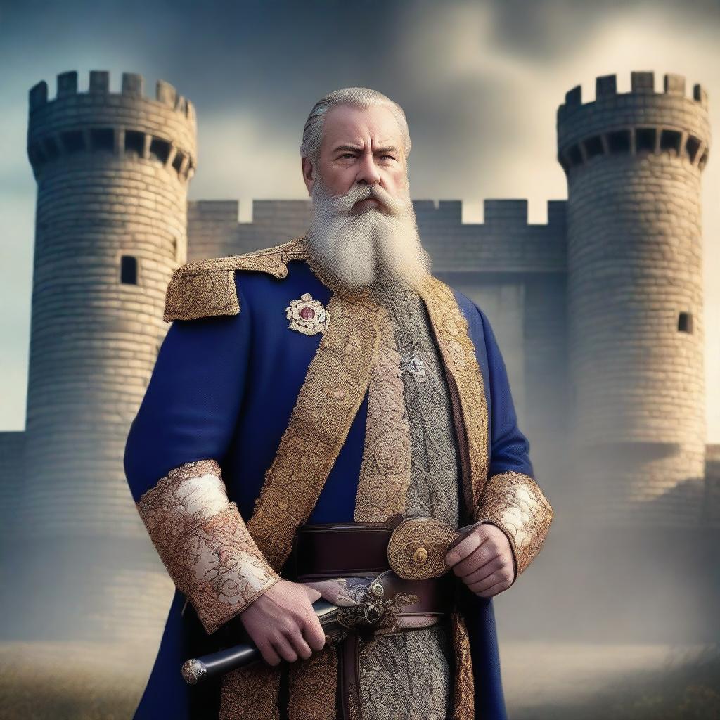 A premium quality digital art image illustrating a middle-aged European king with a full beard