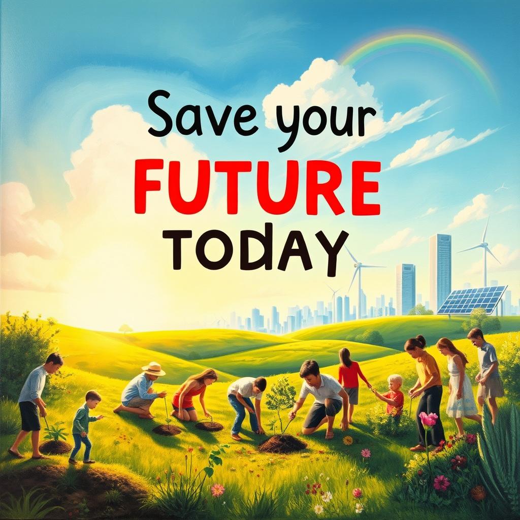 A vibrant and thought-provoking painting representing the theme of 'Save your future today'
