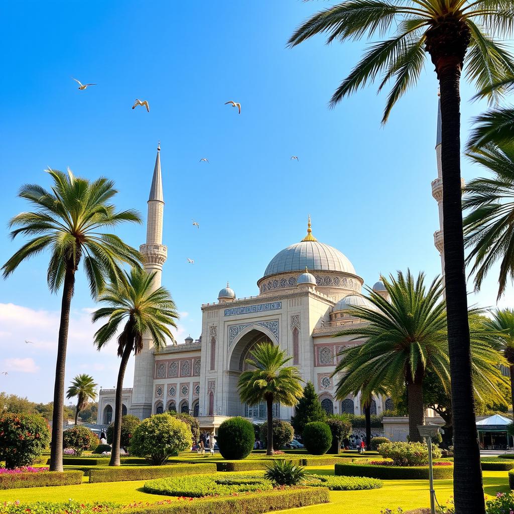 A serene and beautiful Islamic landscape featuring a majestic mosque surrounded by lush gardens, intricate geometric patterns adorning the architecture, and a clear blue sky