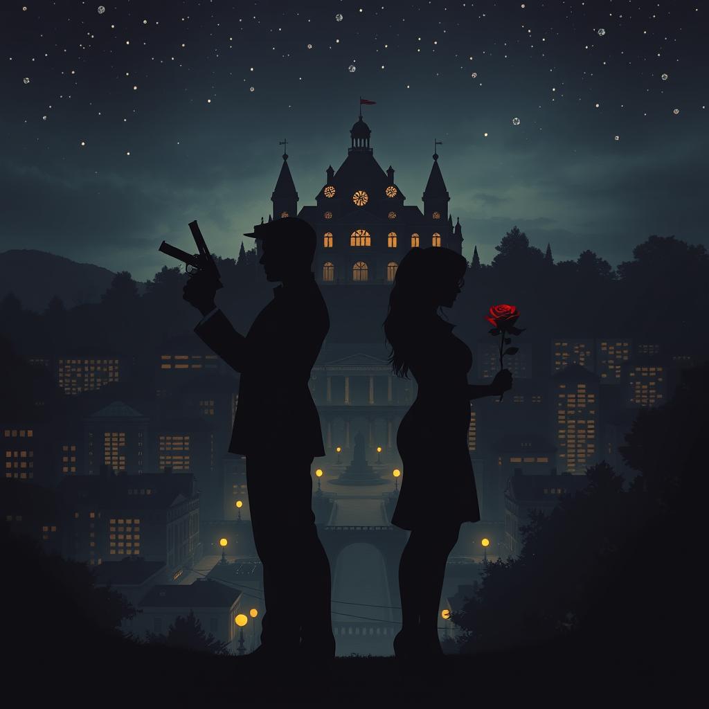A city at night, with twinkling lights creating an atmosphere of mystery