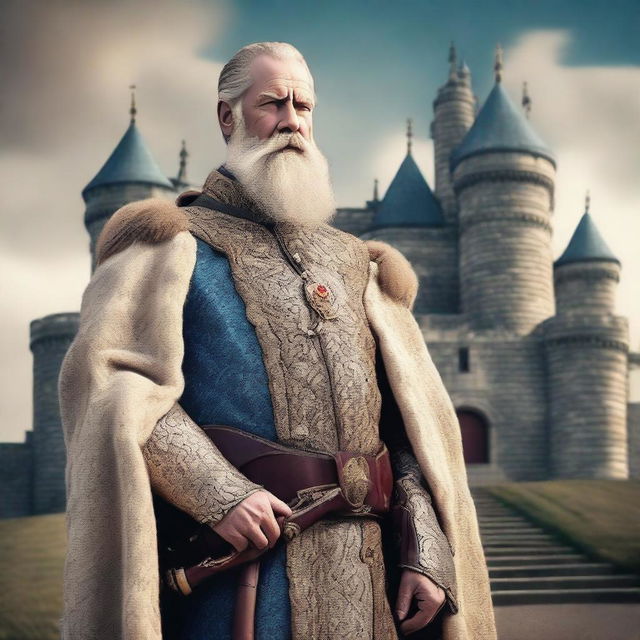 A premium quality digital art image illustrating a middle-aged European king with a full beard