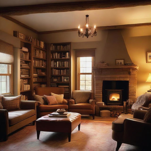 A cozy, warm, and inviting room with plush cushions, soft lighting, bookshelves filled with books, a comfortable armchair by a fireplace, and warm-toned, earthy colors.