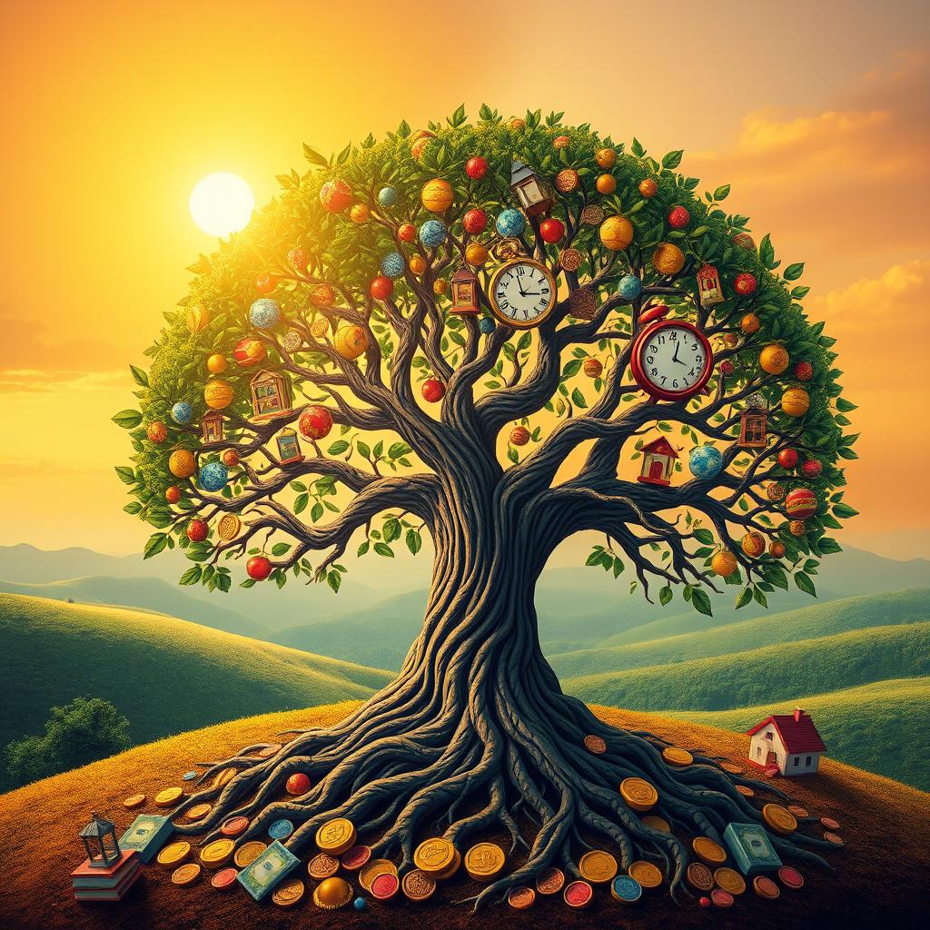 A majestic Tree of Life with intricate roots woven from vibrant coins and colorful bills, symbolizing financial stability