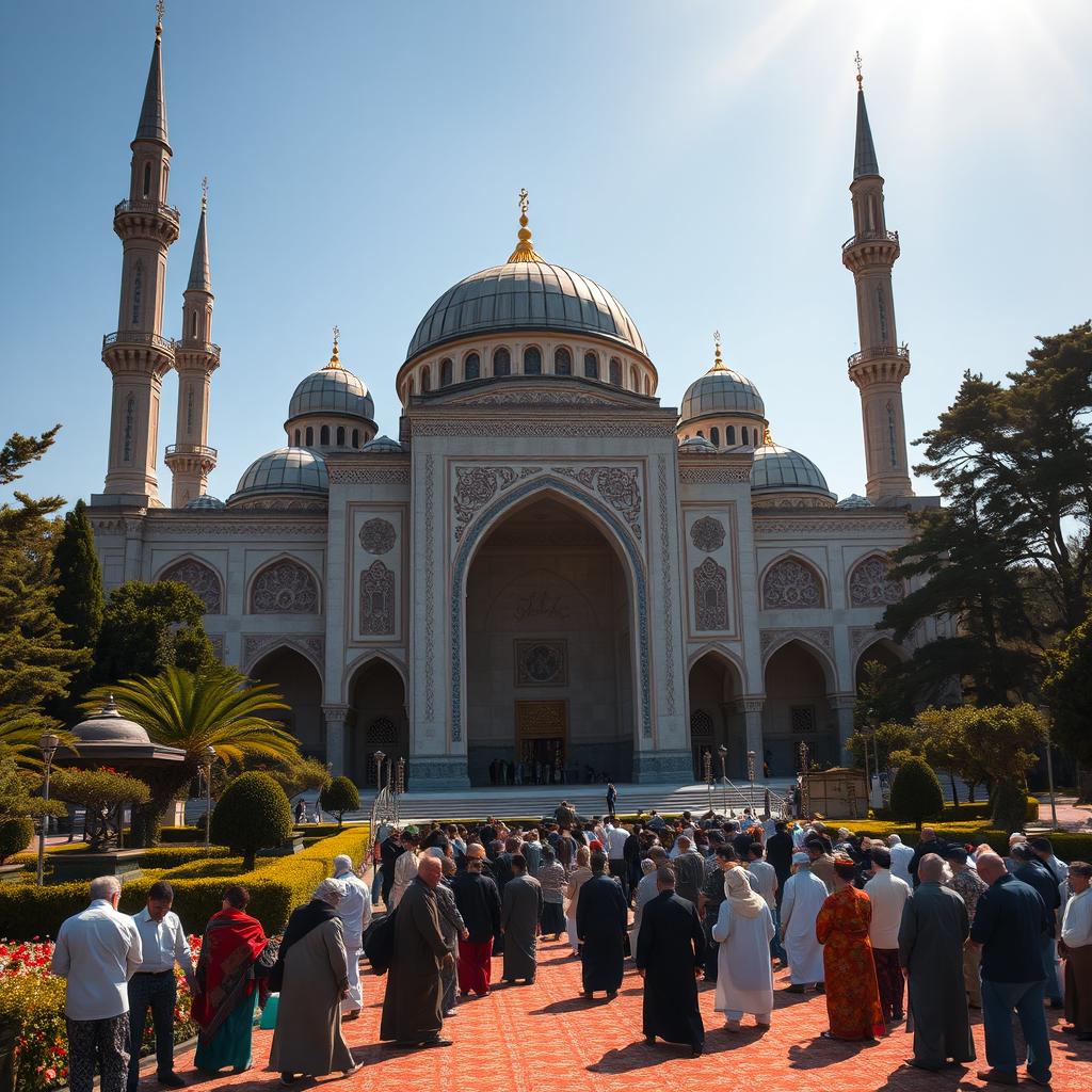 A serene and beautiful Islamic scene featuring a grand mosque with intricate architecture, domes, and minarets, surrounded by lush gardens and clear blue skies
