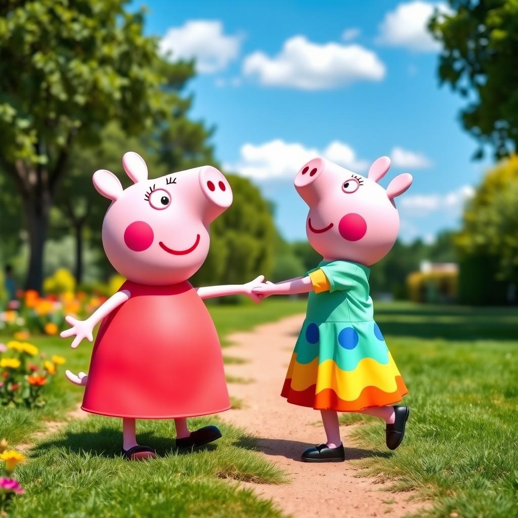 A playful scene featuring Peppa Pig and a child walking hand in hand through a sunny park