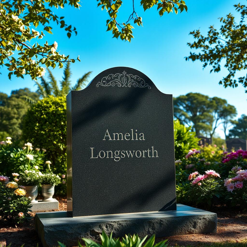 A serene and beautifully crafted gravestone inscribed with the name 'Amelia Longsworth'