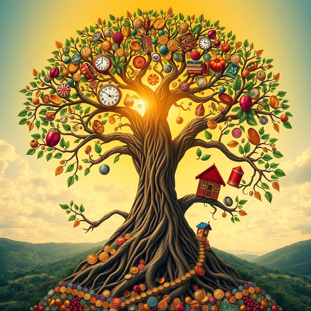 A majestic Tree of Life with intricately detailed roots woven from vibrant coins and an array of colorful bills, symbolizing financial stability