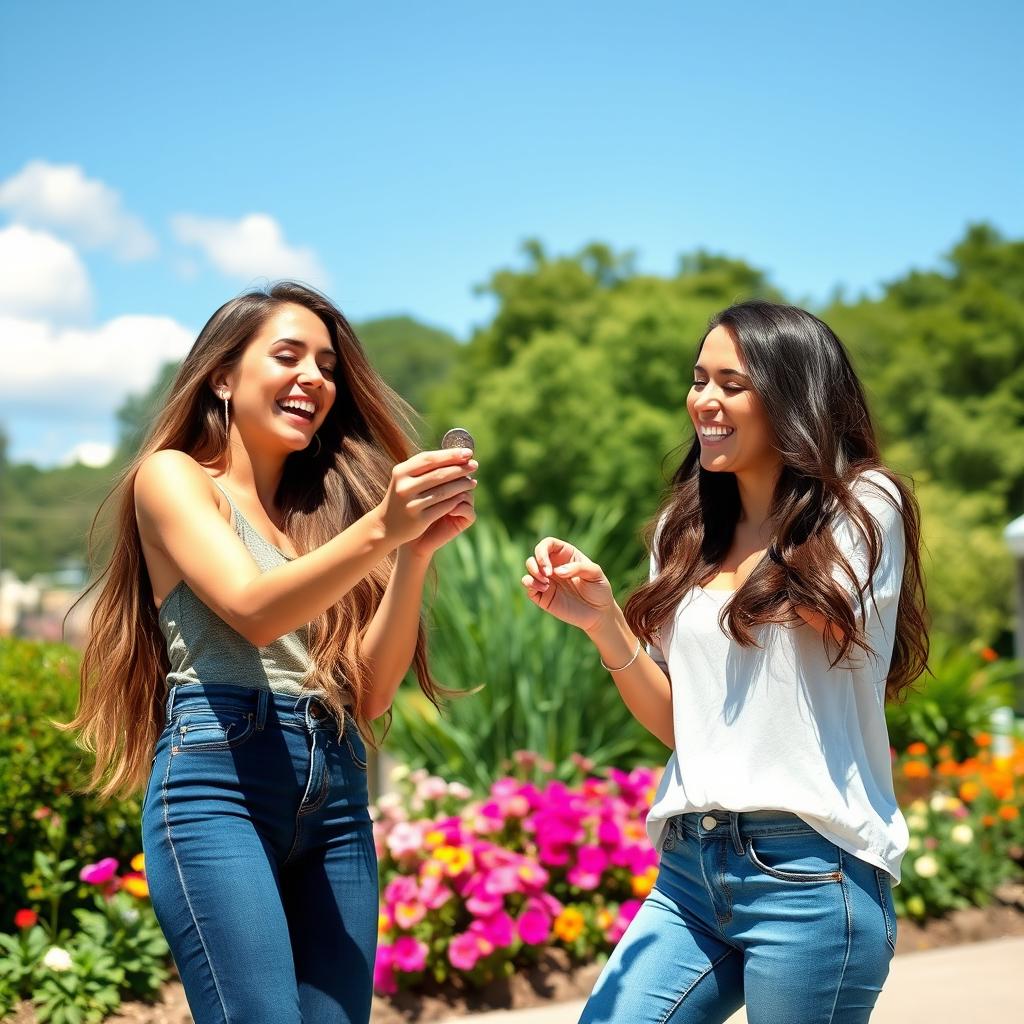 A beautiful lady with long flowing hair, wearing stylish blue jeans and a casual top, laughing and enjoying herself while playing a game of flip a coin with her cheerful friend