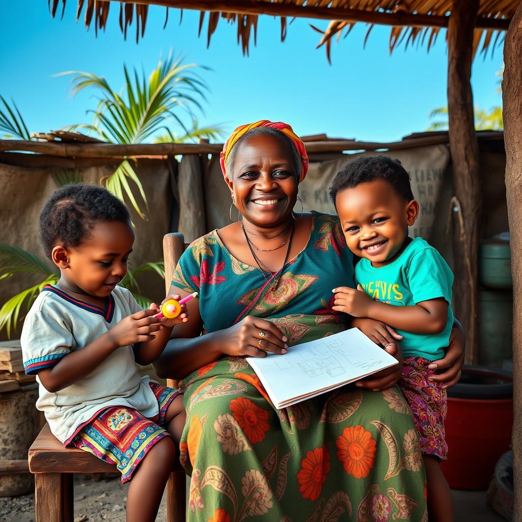 A heartfelt scene depicting a Belizean single mother in a modest setting with her three children
