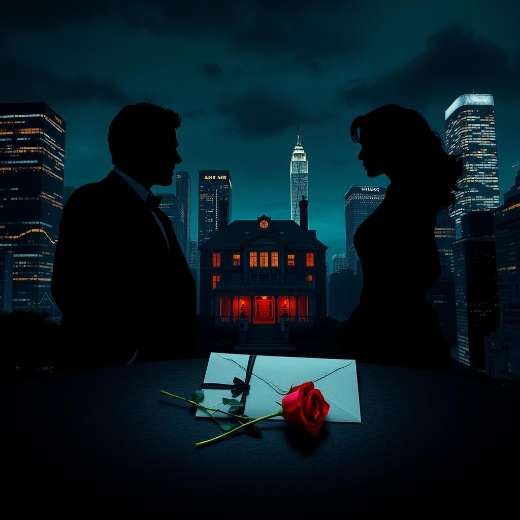 A dramatic nighttime cityscape reminiscent of New York, with dazzling lights from skyscrapers creating an atmosphere of tension and danger