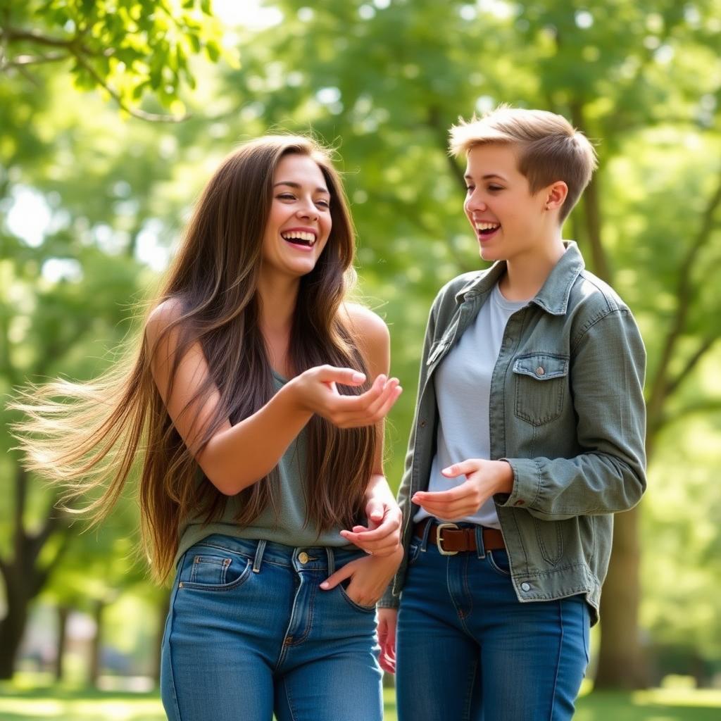 A beautiful lady with long, flowing brunette hair, wearing stylish blue jeans and a trendy top, laughs joyfully as she plays flip a coin with her friend