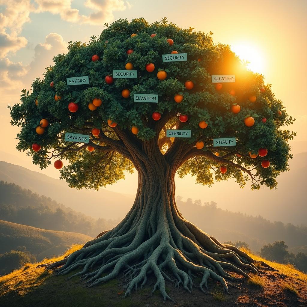 A strong, majestic tree with deep roots symbolizing savings, a sturdy trunk representing financial growth, and lush branches adorned with colorful fruits labeled as security, education, and stability