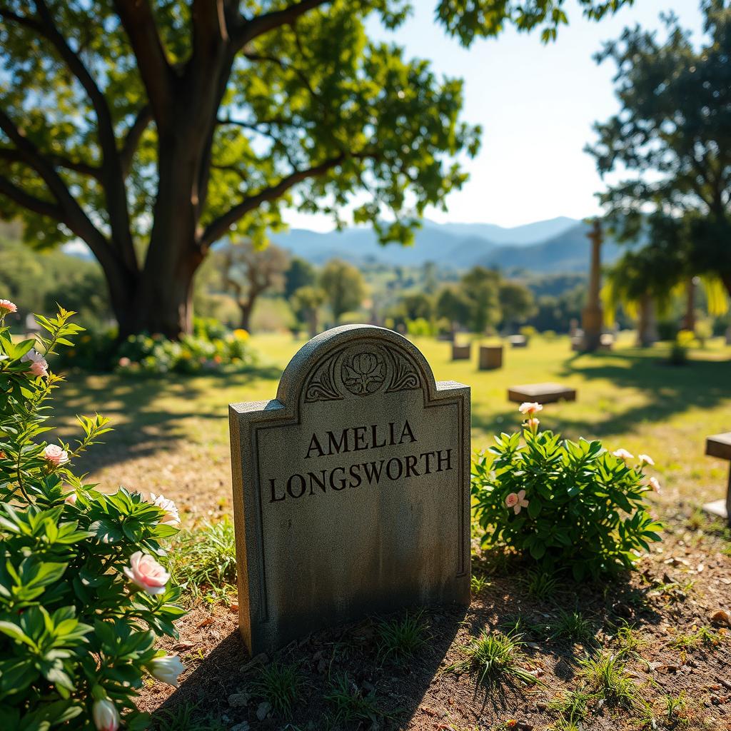 A serene and beautiful grave in a tranquil cemetery, marked by a weathered headstone with the name 'Amelia Longsworth' intricately carved into the stone